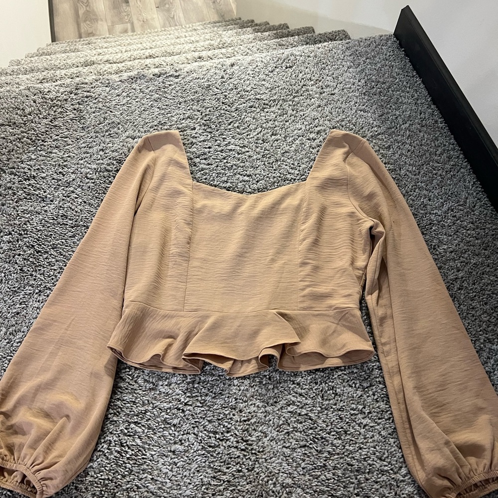 Stand Studio Tan Long Sleeve Fitted Peplum Blouse